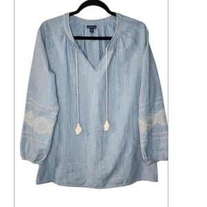 J.Jill Chambray Tunic Top Coastal Cottagecore Embroidered Long Sleeves L